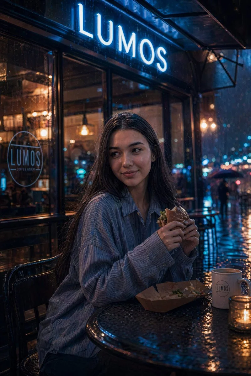 Solitude in Neon: A Rainy Café Reflection