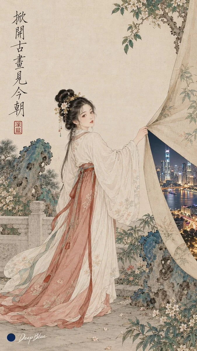 Song Dynasty Lady in Blue-Green Garden with Modern Smartphone Selfie