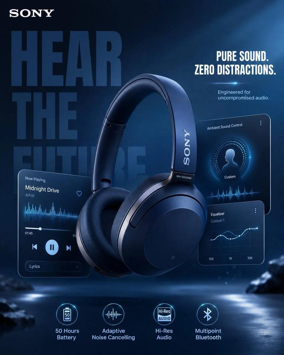 Sony Midnight Blue Headphones Float with Gleaming Metallic Reflections