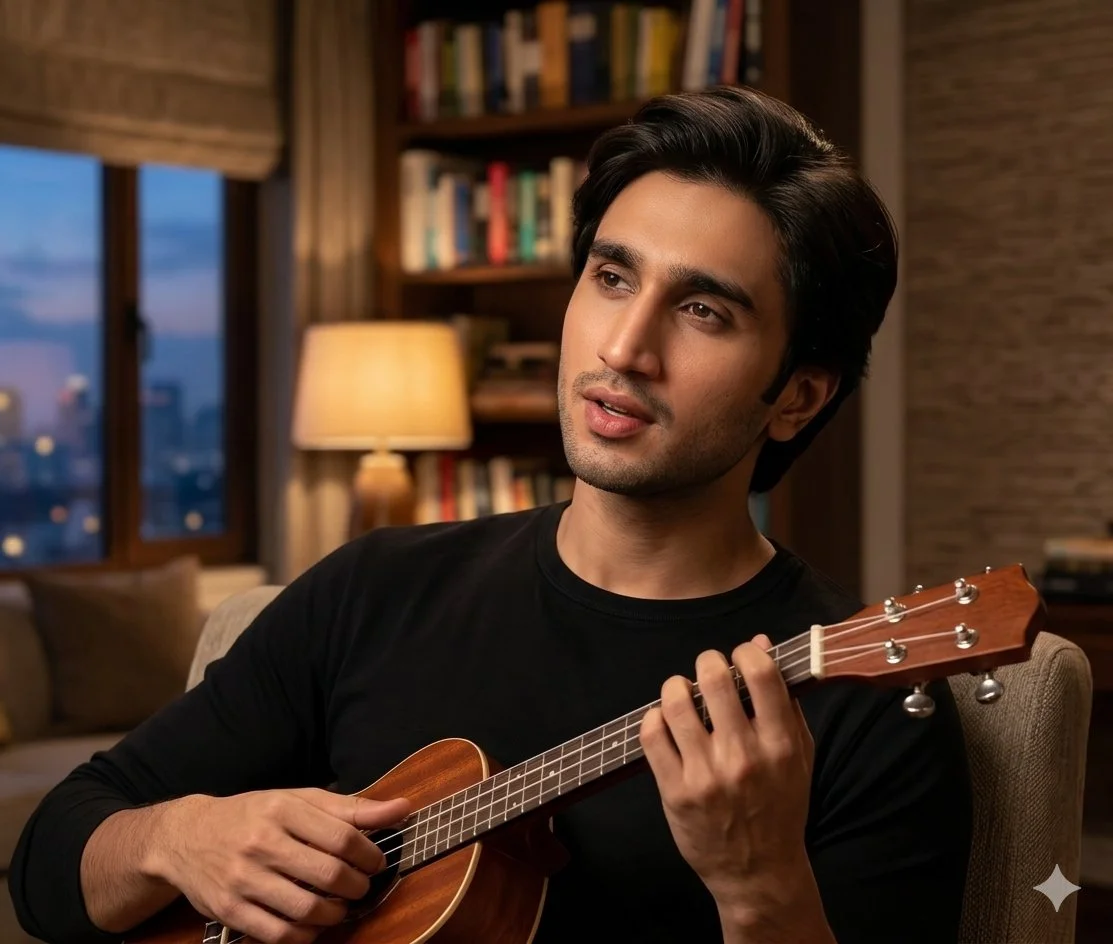 Soulful Musician in Twilight Ambiance with Ukulele