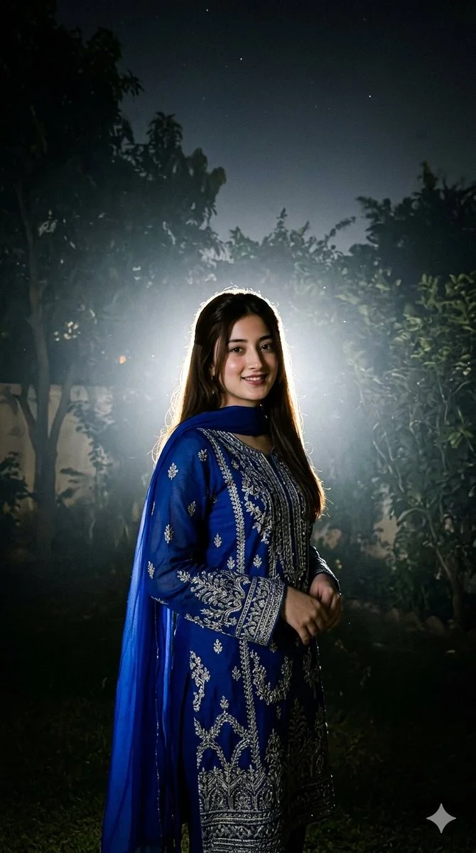 South Asian girl in blue traditional suit shines with halo rim light.