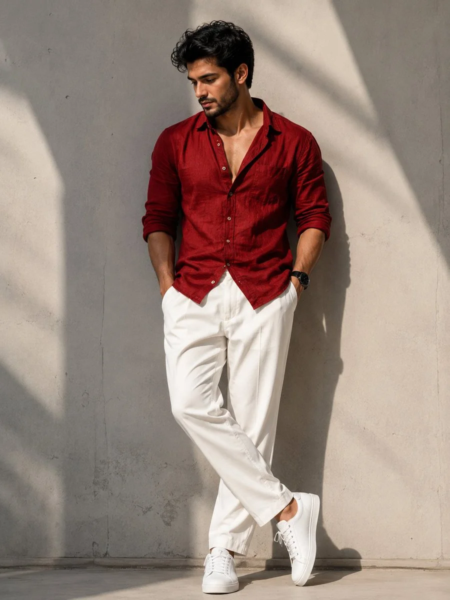 South Asian man leans against concrete wall in crimson linen shirt