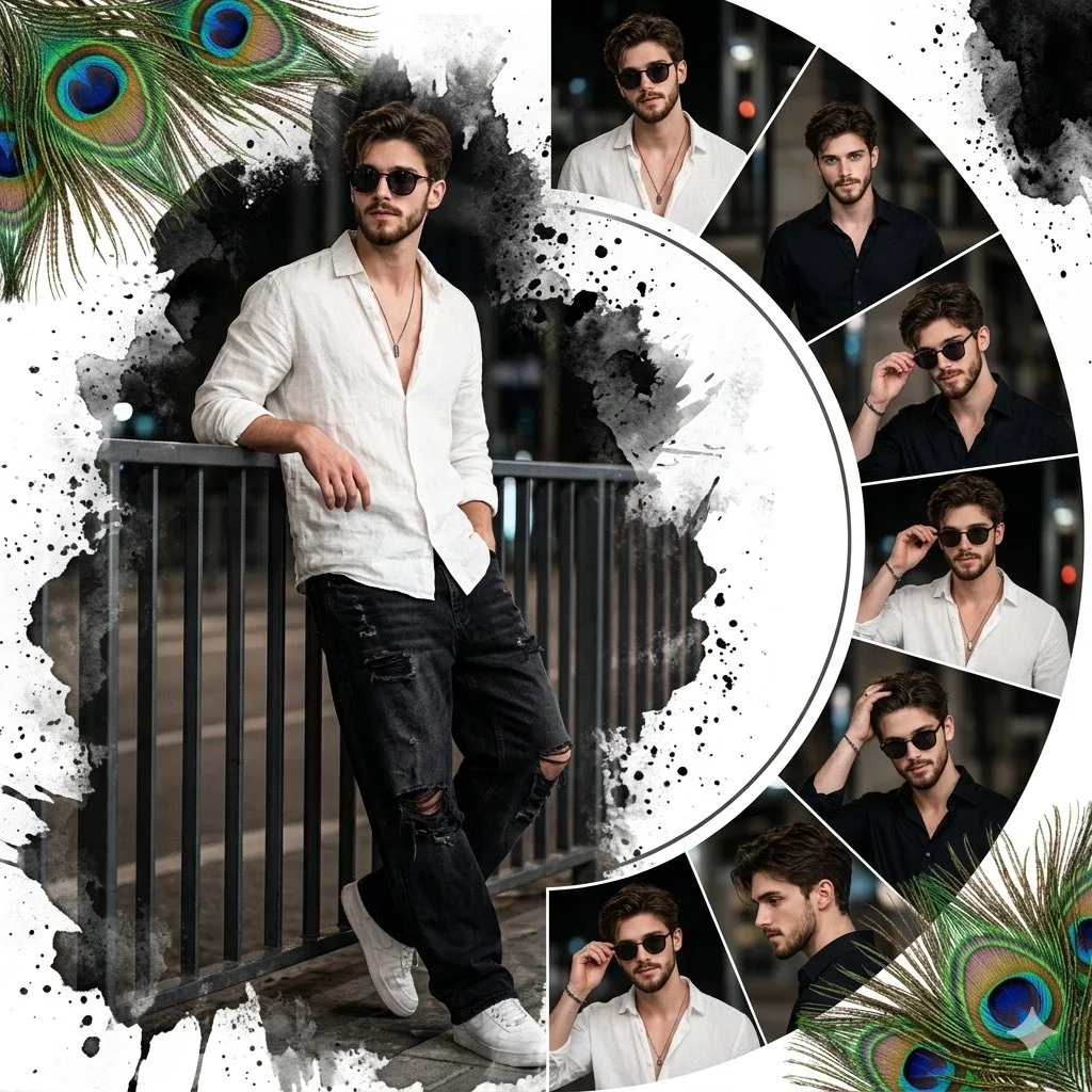 South Asian man leans on railing in urban night fashion collage