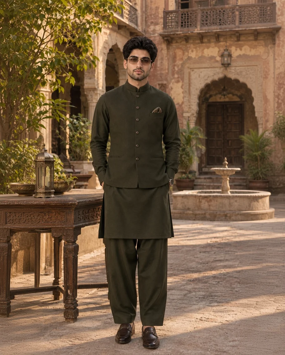 South Asian Man Poses in Traditional Olive Outfit Within Historic Haveli