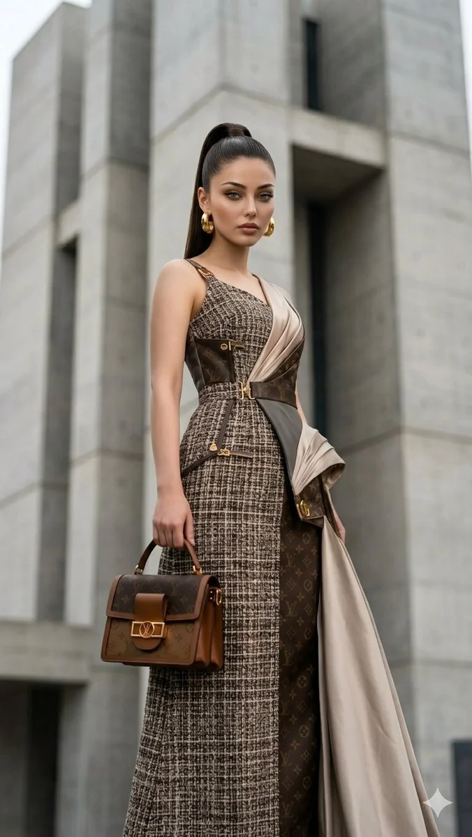 South Asian model poses in tweed dress against brutalist concrete