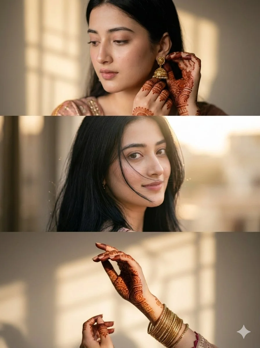 South Asian woman adjusts her jhumka earring in golden window light
