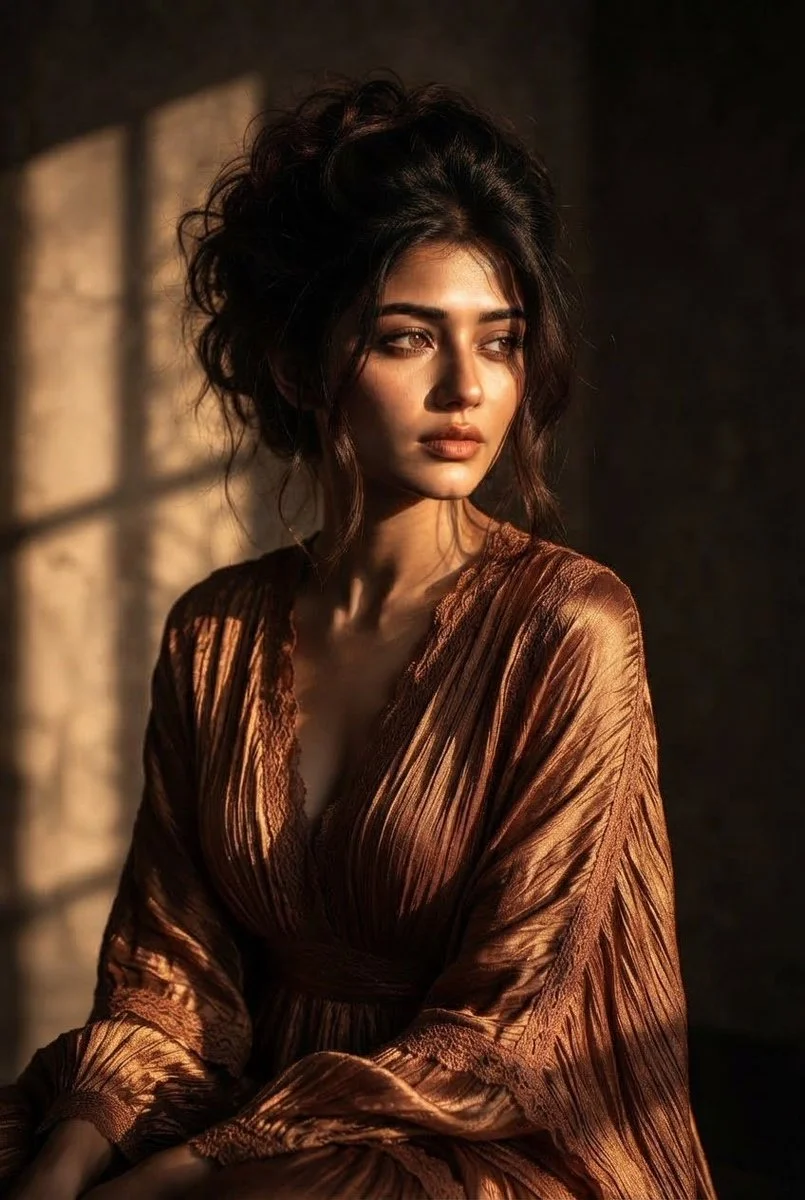 South Asian Woman in Bronze Gown Bathed in Golden Hour Light