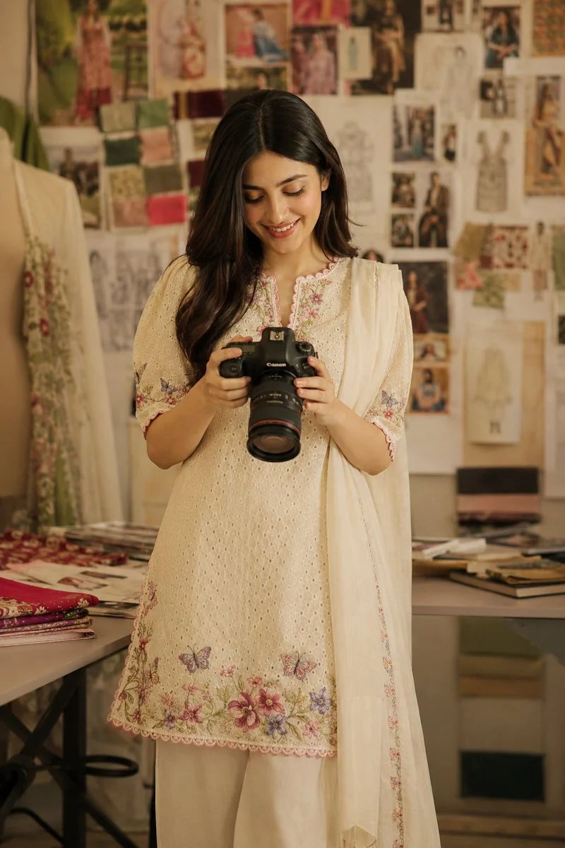 South Asian woman in embroidered kurti holds camera in studio