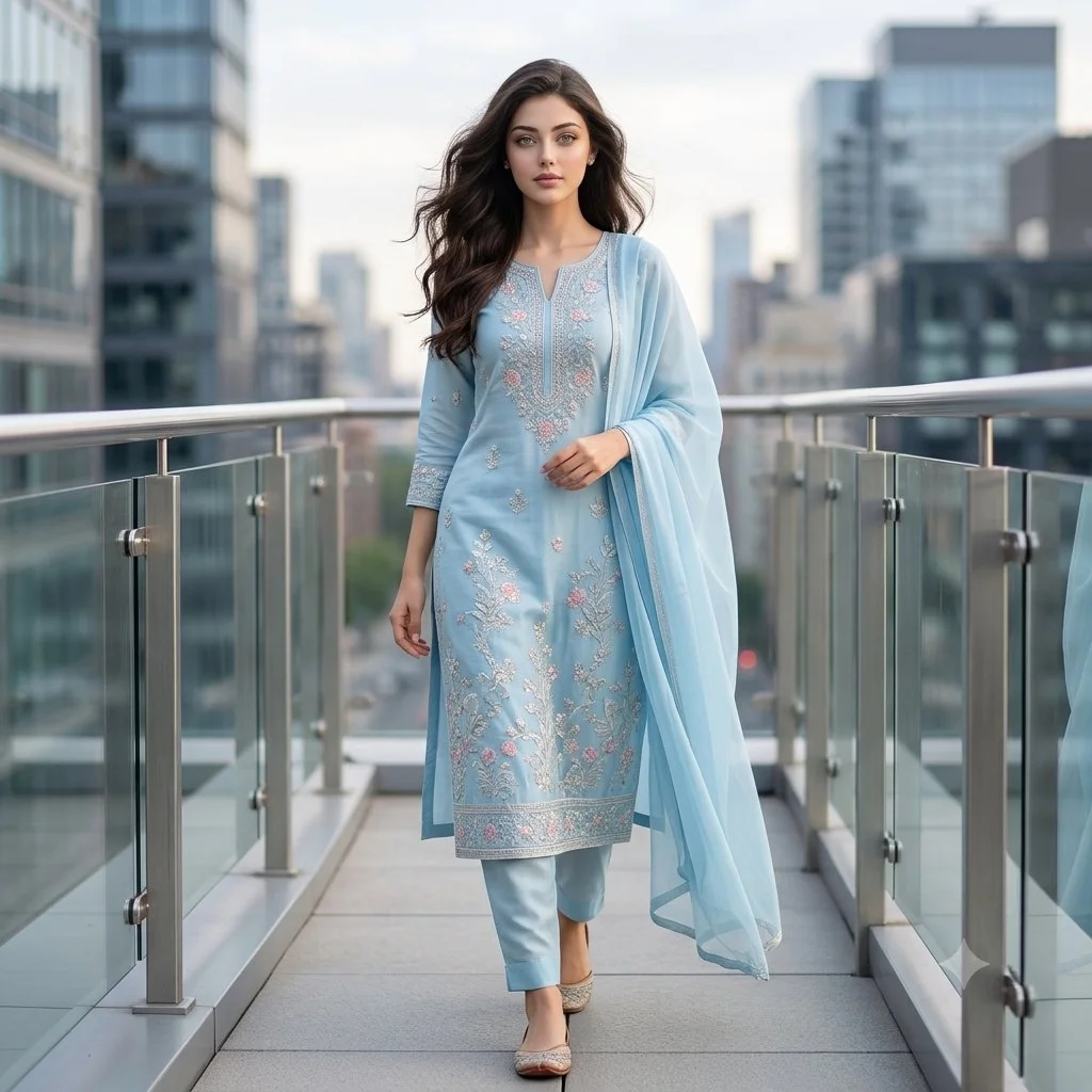 South Asian woman in sky-blue salwar walks toward camera on rooftop