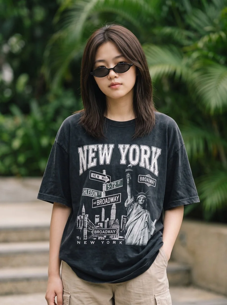 South Asian woman in tiny retro sunglasses poses in lush green tropical setting