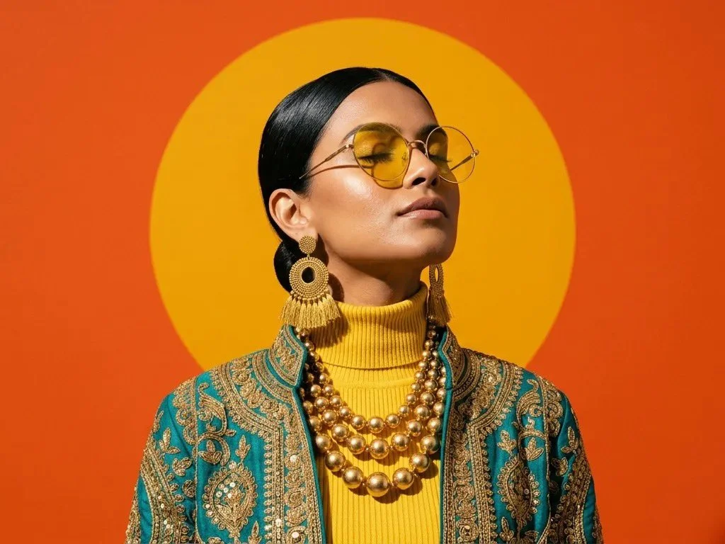 South Asian woman in yellow turtleneck and ornate jacket gazes upward