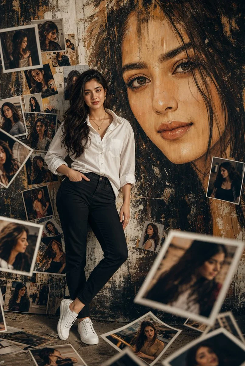 South Asian woman leans against her own larger-than-life mural portrait