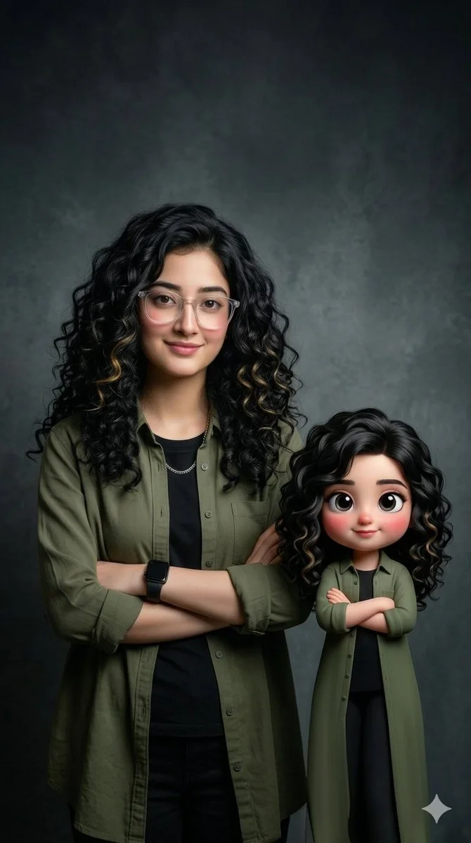 South Asian woman poses with chibi double in moody studio portrait