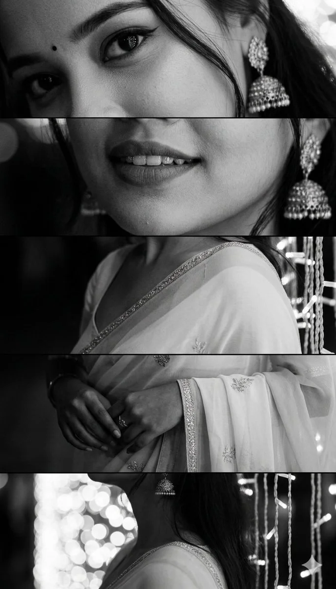 South Asian woman's face splits into five cinematic horizontal strips