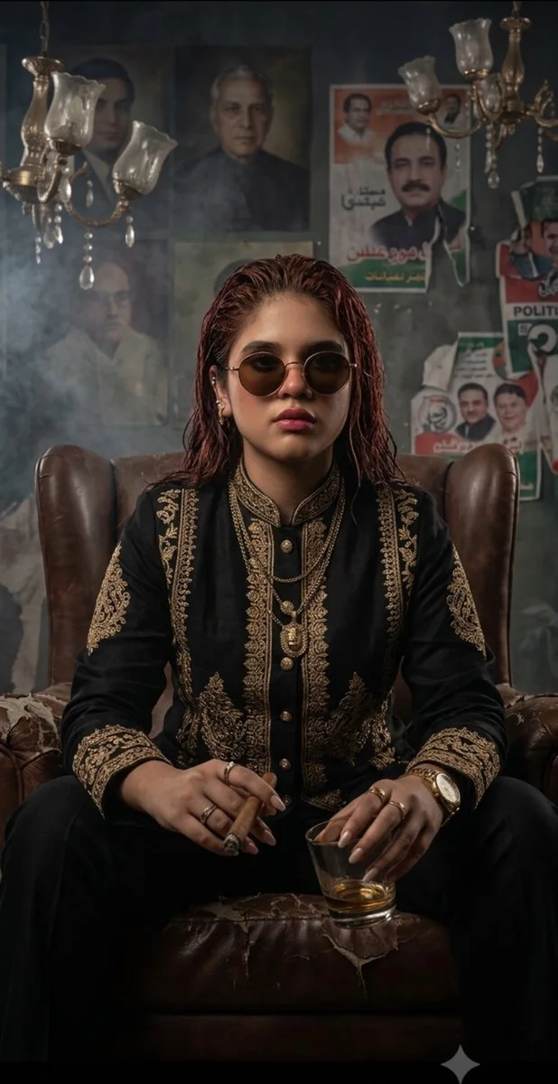 South Asian woman sits defiantly in cracked leather armchair, cigar in hand
