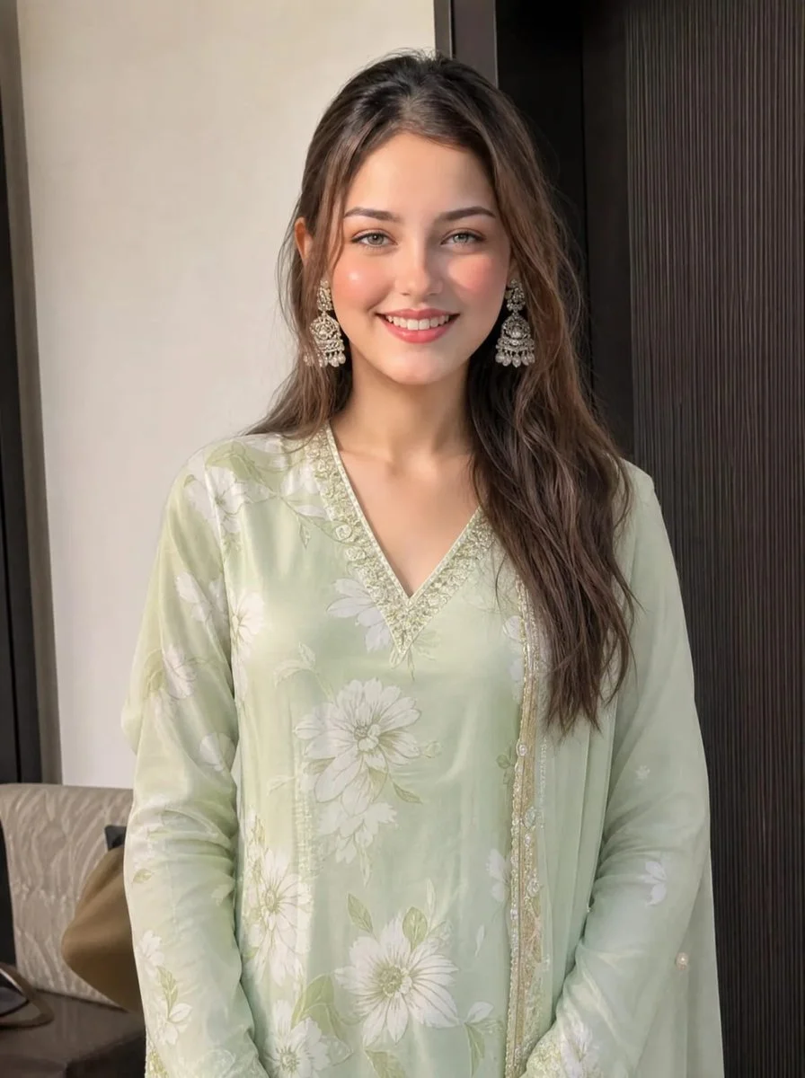 South Asian woman with floral green attire stands in soft indoor light