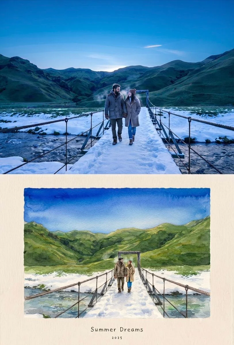 Split Canvas Reveals Couple's Journey Through Hills and River