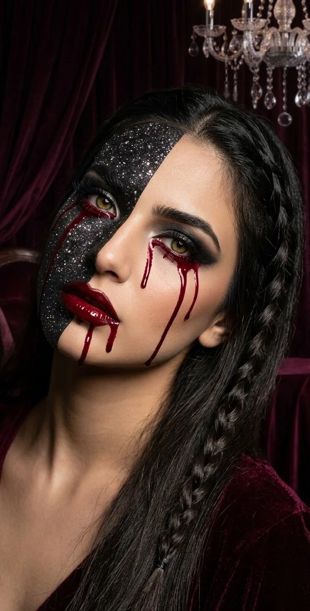 Split-face horror portrait reveals glittered skin and crimson tears