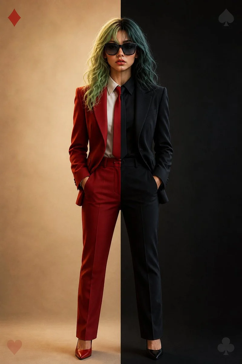 Split Identity Fashion Portrait: Red vs Black