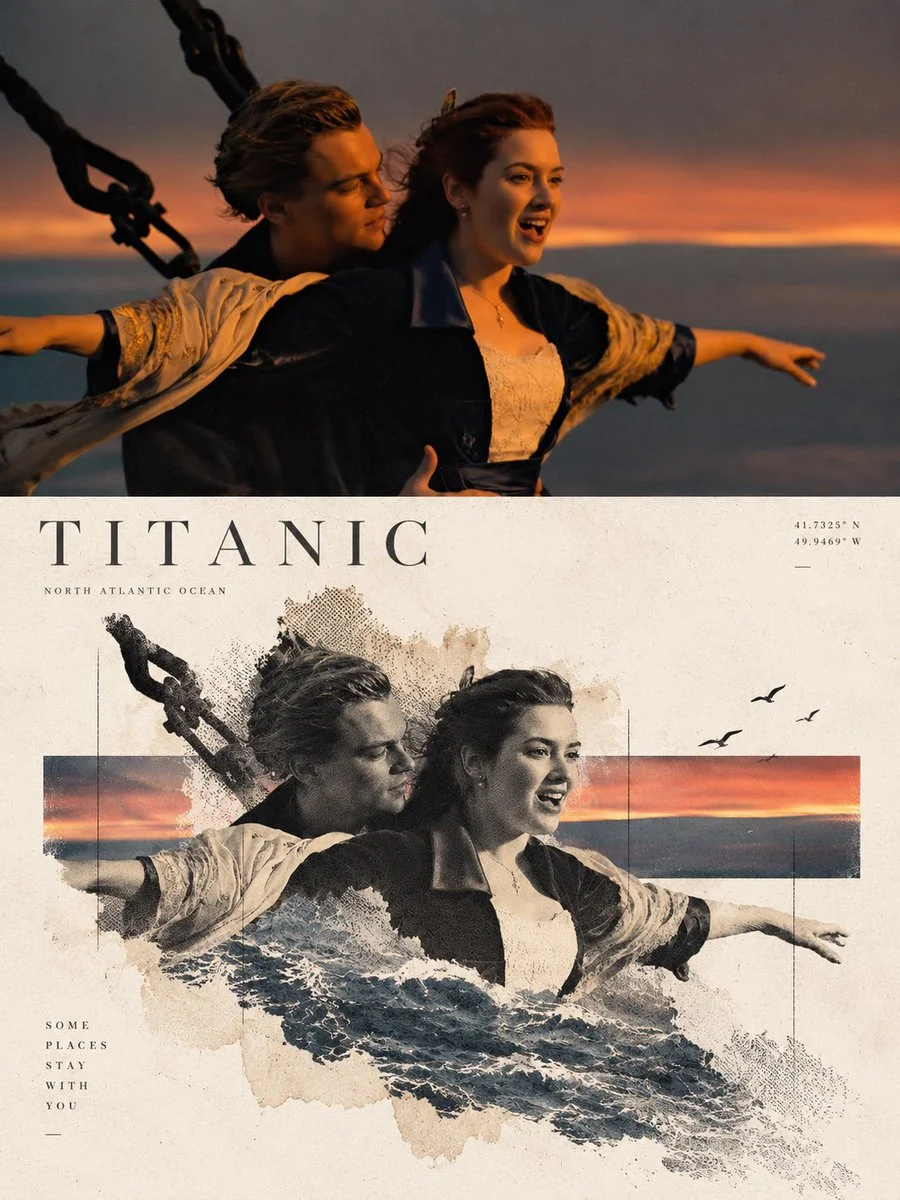 Split landscape poster blends photograph with delicate halftone reconstruction