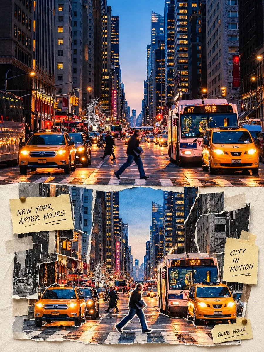 Split-level photo collage blends realism with paper cutout artistry