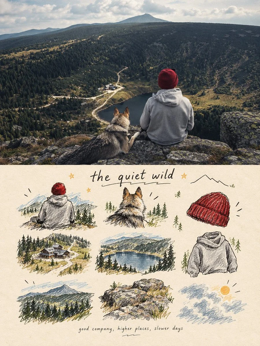 Split-panel poster pairs realistic photo with playful doodle memory grid