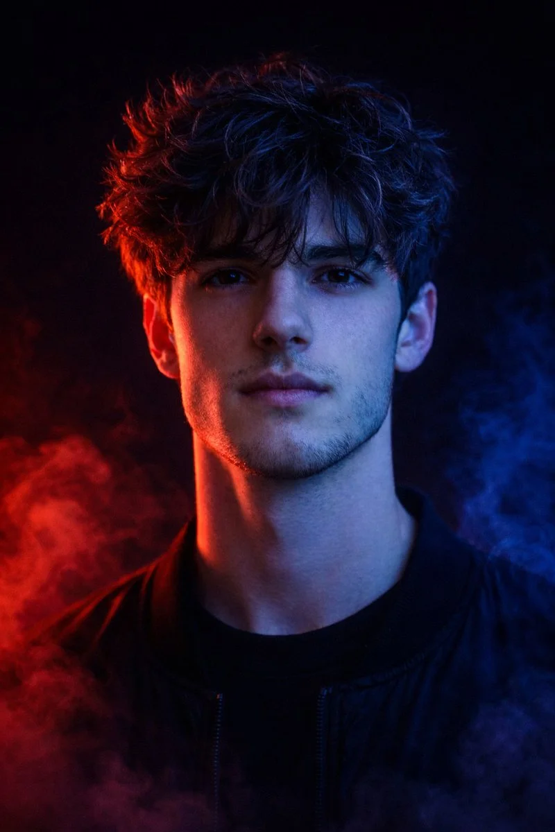 Split-Tone Cinematic Portrait with Smoke and Gel Lighting