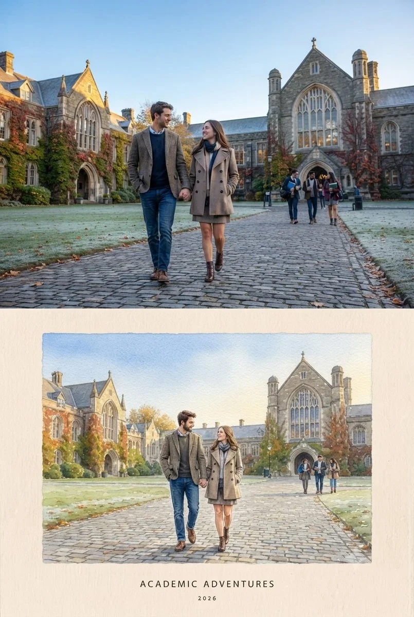 Split-view photo and watercolor capture academic and alpine journeys together
