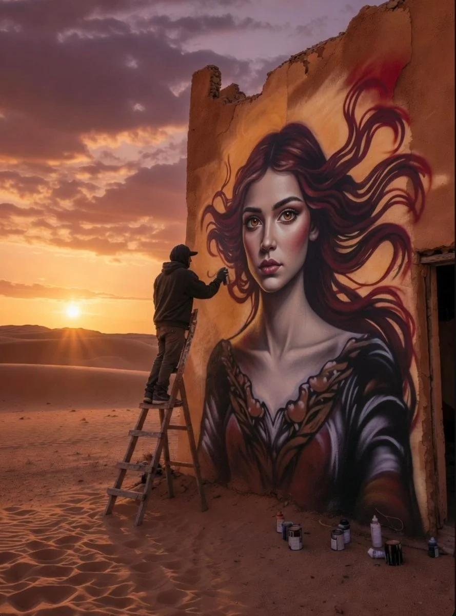 Spray paint cans scatter as artist finishes mural under sunset glow