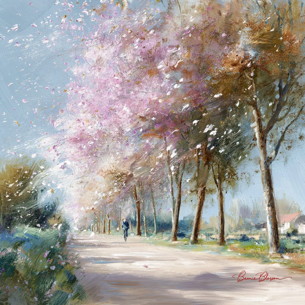 Spring Blossom Road with Cyclist in Motion