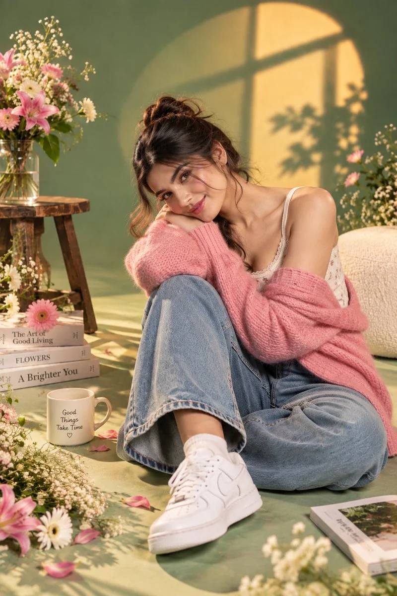 Spring Fashion Model Poses in Dreamy Sage Green Studio with Flowers