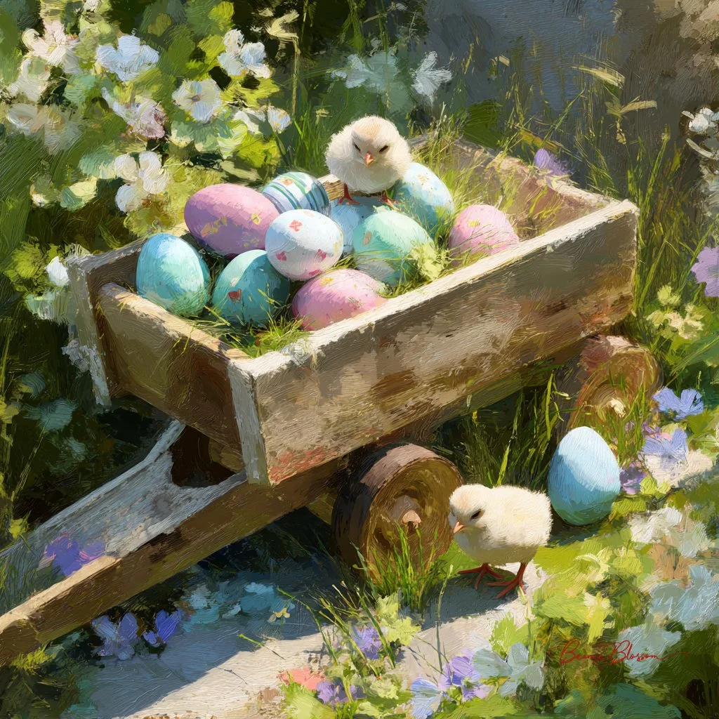 Spring's Gentle Gift: Wooden Wheelbarrow of Pastel Easter Eggs