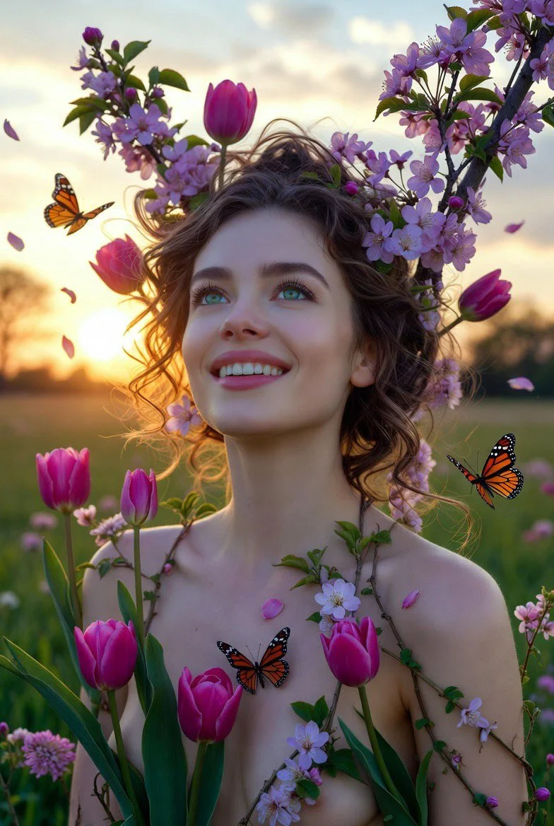 Spring's Radiant Rebirth: A Joyful Woman Amid Blooming Flowers