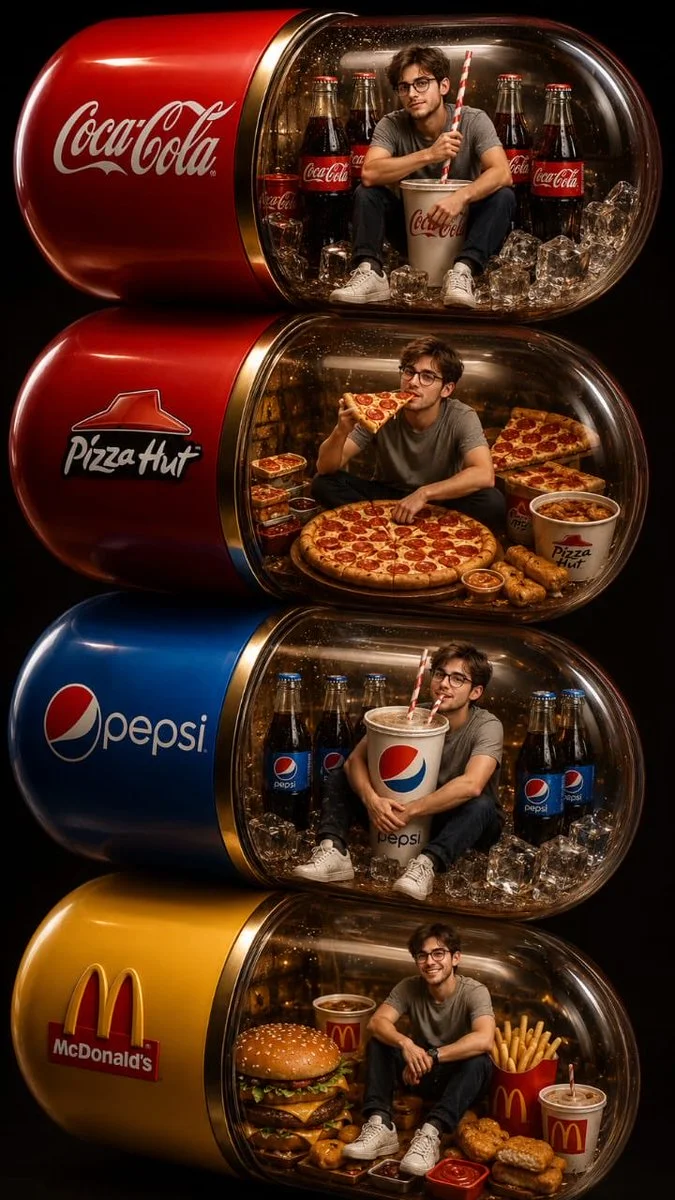 Stacked branded capsules showcase one man enjoying fast food feast