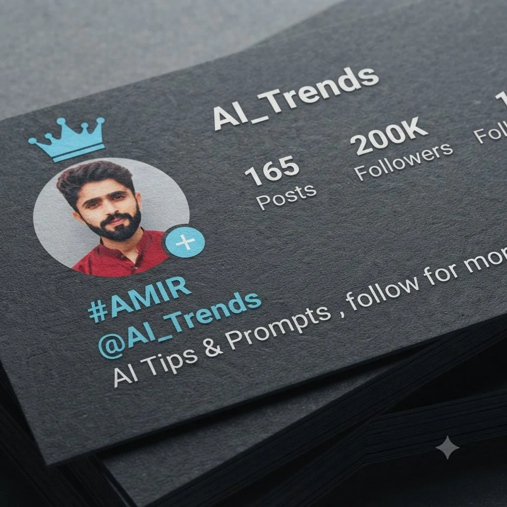 Stacked business cards showcase an Instagram profile with AI_Trends username