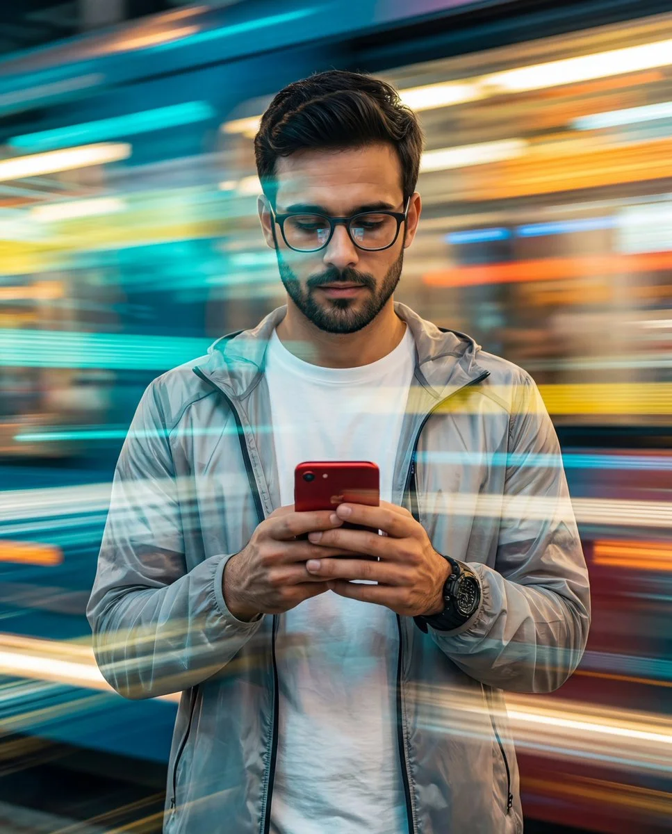 Static Focus Amid Neon Motion: Man Absorbed in Digital Glow