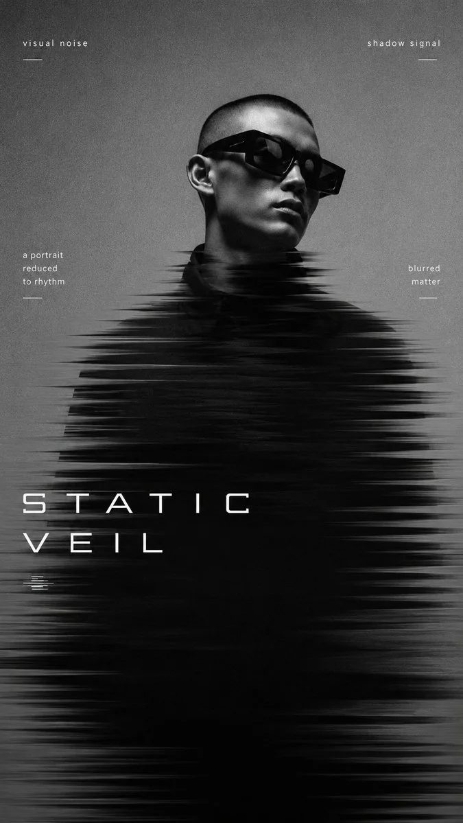 Static veil scan distorts a portrait with grainy lines.