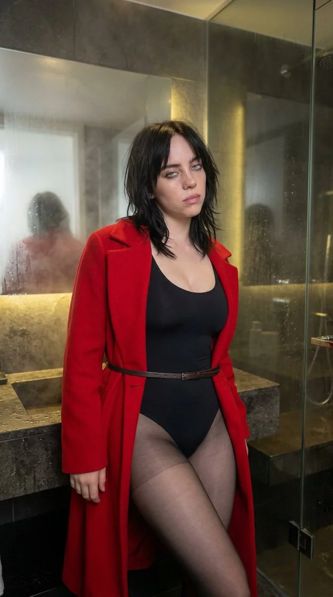 Steam and golden light wrap around Billie Eilish in a wet room.