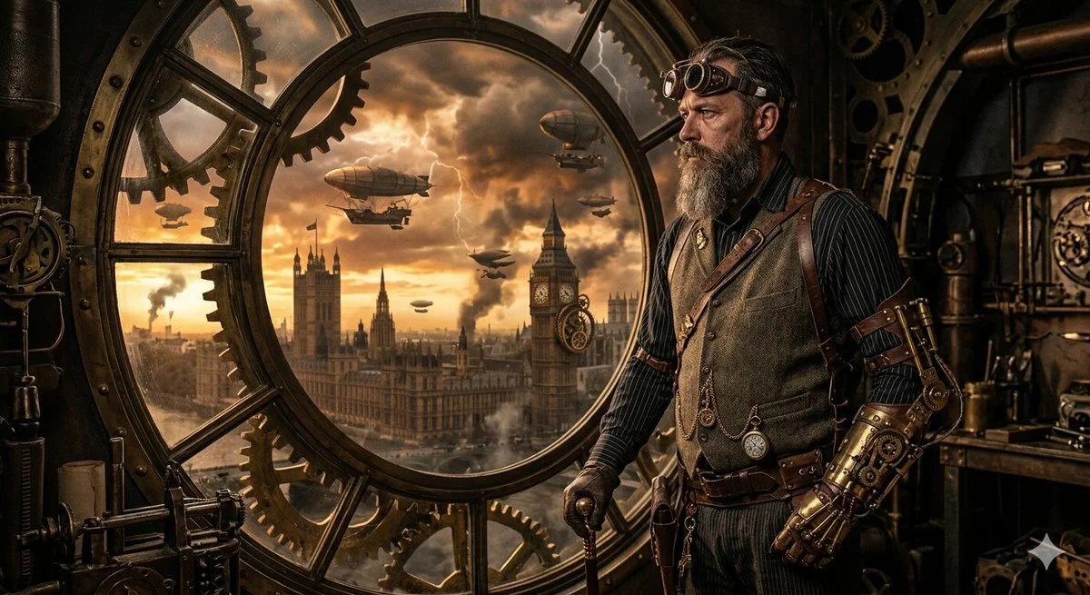 Steampunk Sentinel Overlooking a Stormy London Skyline