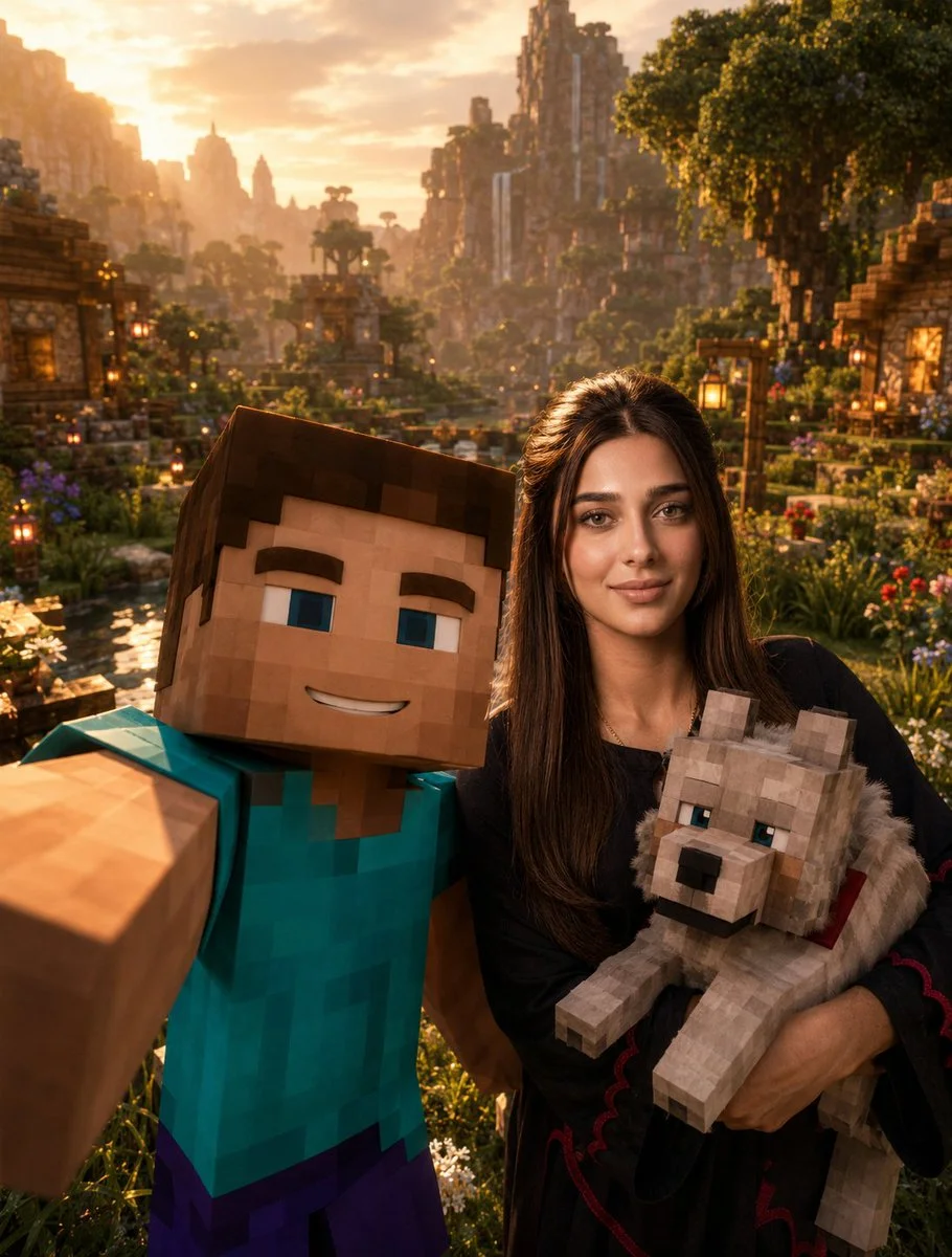 Steve takes a selfie with Rafa Franco holding a wolf