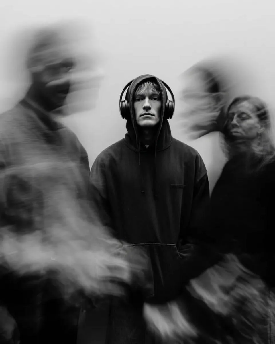 Stillness Amidst Motion: A Cinematic Black and White Portrait