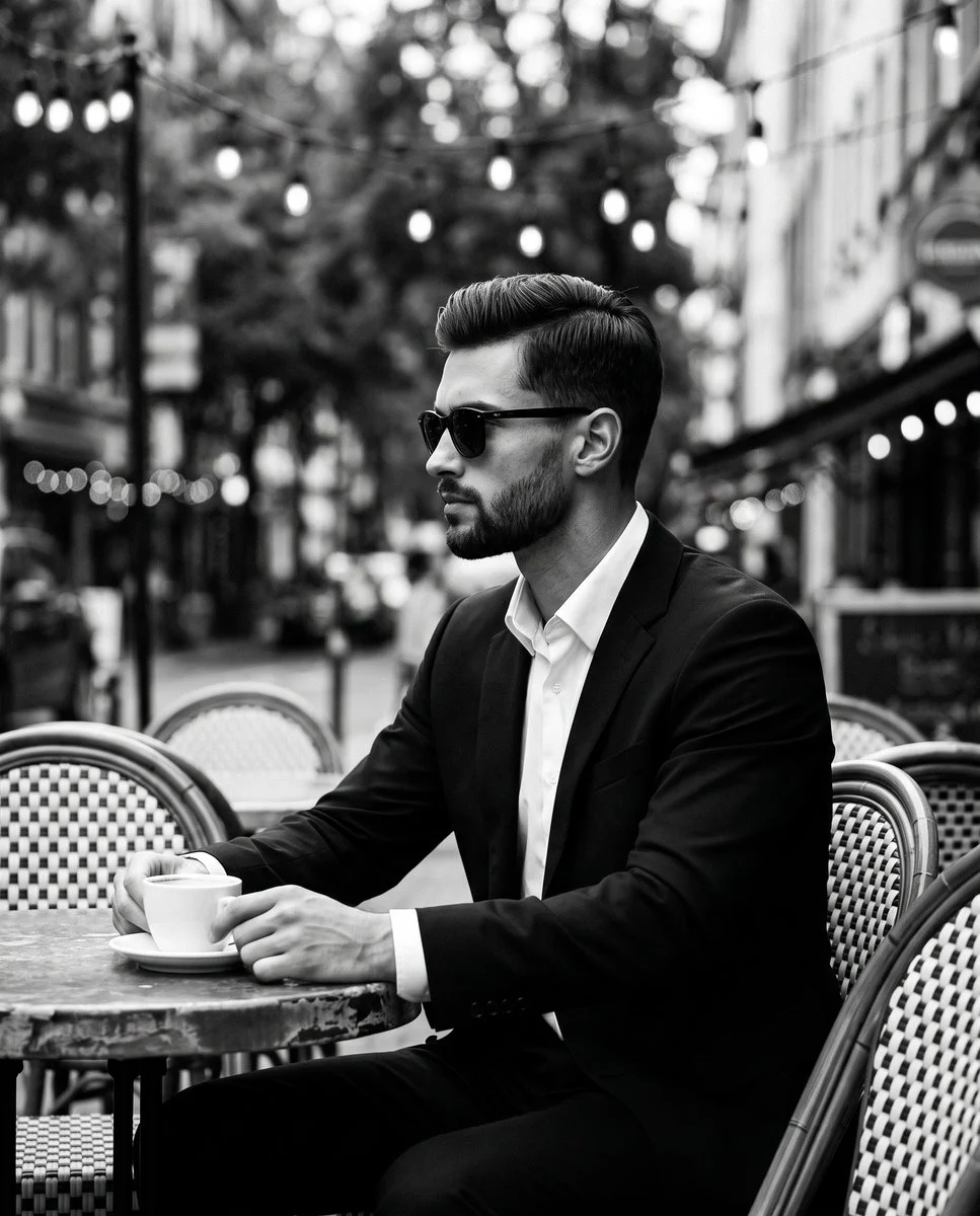 Stoic man in suit sips coffee at urban sidewalk cafe