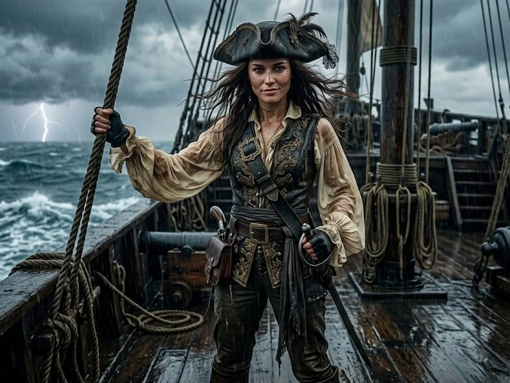 Storm-Driven Pirate Elegance on a Rain-Slicked Deck