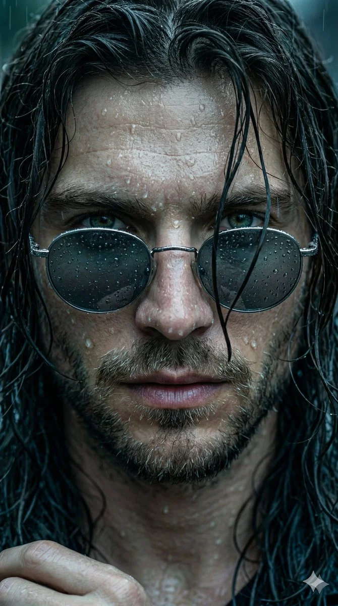 Storm-Soaked Resolve: Cinematic Portrait of a Rugged Man