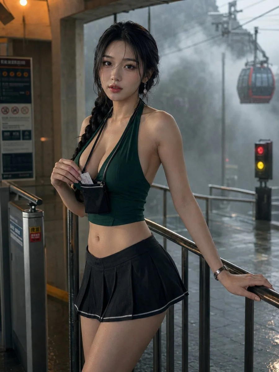 Stormy alpine gondola station portrait of a confident woman