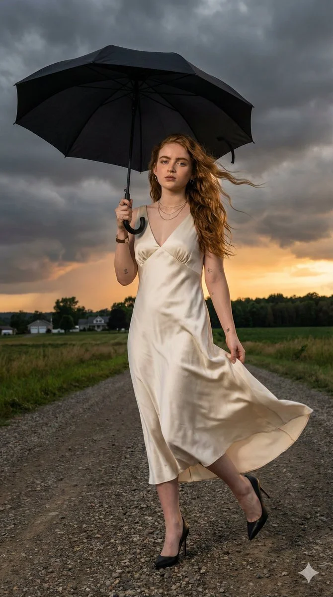 Stormy Elegance: Sadie Sink and the Giant Clouds