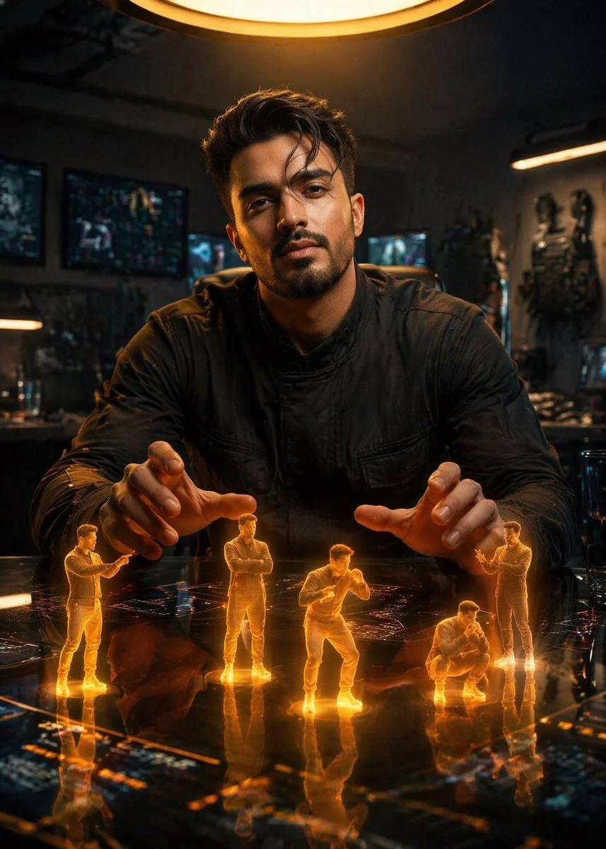 Strategic Command: Man Directing Tactical Holograms in Futuristic Control Room