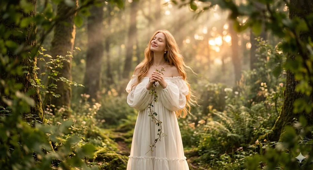 Strawberry-blonde woman basks in golden sunset rays in enchanted forest