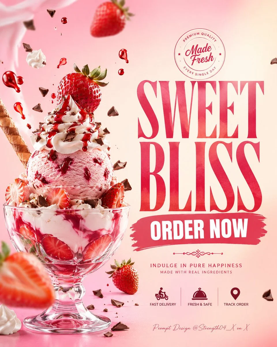 Strawberry ice cream sundae floats in a creamy pink dream