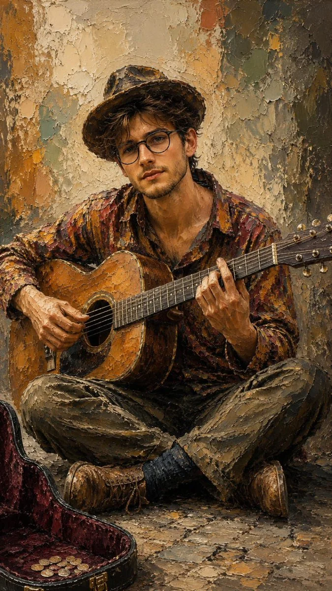 Street musician's warm smile and guitar on weathered stone